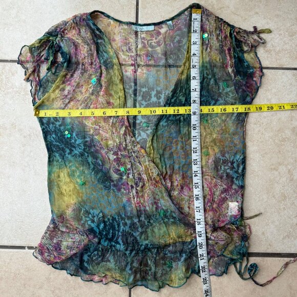 Multicolored floral print 100% silk blouse sheer see through ruffle sleeve sz 8 - Picture 7 of 7